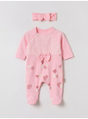 Pamuş 0-3-6 Ay Kalpli Penye Kız  Bebek Tulum Pembe