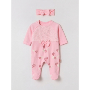 Pamuş 0-3-6 Ay Kalpli Penye Kız  Bebek Tulum Pembe