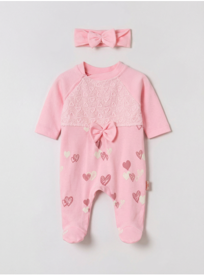 Pamuş 0-3-6 Ay Kalpli Penye Kız  Bebek Tulum Pembe