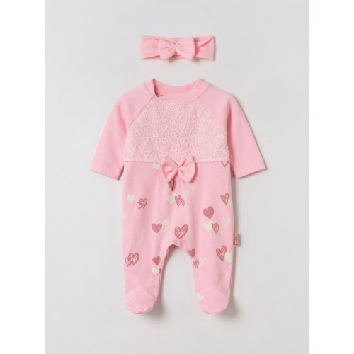 Pamuş 0-3-6 Ay Kalpli Penye Kız  Bebek Tulum Pembe