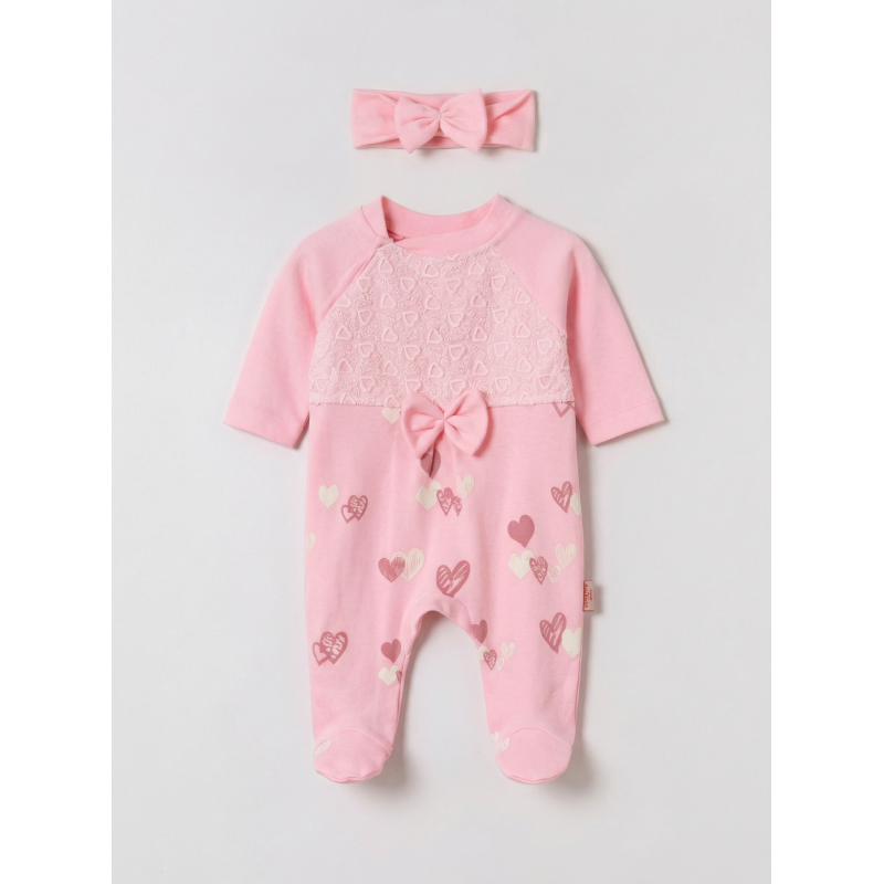 Pamuş 0-3-6 Ay Kalpli Penye Kız  Bebek Tulum Pembe