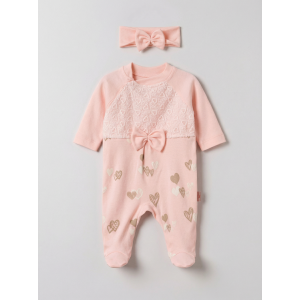 Pamuş 0-3-6 Ay Kalpli Penye Kız  Bebek Tulum Somon