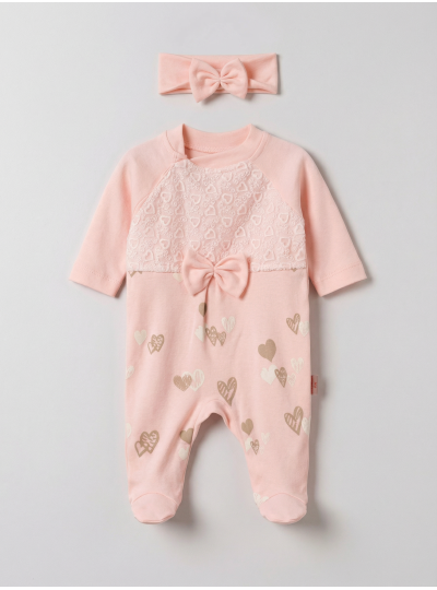 Pamuş 0-3-6 Ay Kalpli Penye Kız  Bebek Tulum Somon