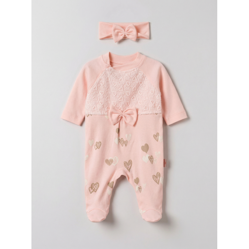 Pamuş 0-3-6 Ay Kalpli Penye Kız  Bebek Tulum Somon