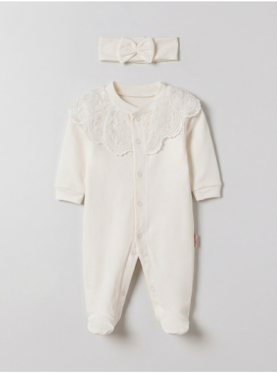 Pamuş 0-3-6 Ay Masal Gibi Penye Kız  Bebek Tulum Ekru