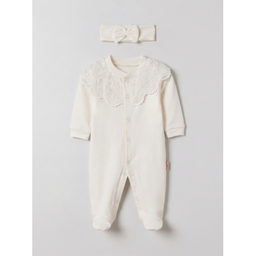 Pamuş 0-3-6 Ay Masal Gibi Penye Kız  Bebek Tulum Ekru