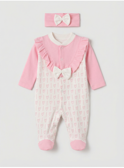 Pamuş 0-3-6 Ay Pamuk Kalbim Penye Kız  Bebek Tulum Pembe