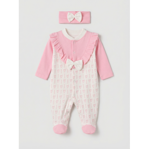 Pamuş 0-3-6 Ay Pamuk Kalbim Penye Kız  Bebek Tulum Pembe