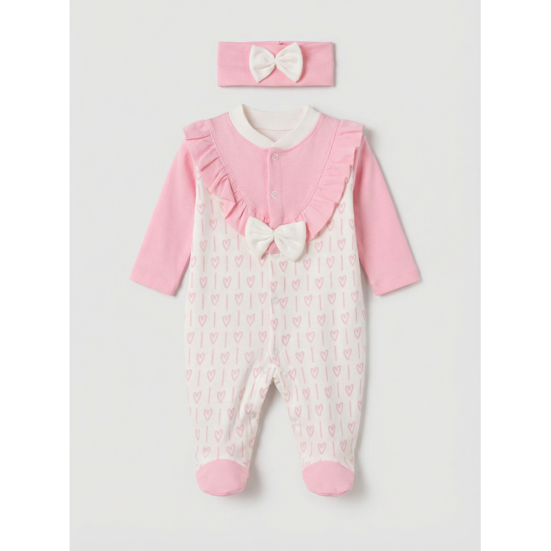 Pamuş 0-3-6 Ay Pamuk Kalbim Penye Kız  Bebek Tulum Pembe