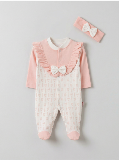 Pamuş 0-3-6 Ay Pamuk Kalbim Penye Kız  Bebek Tulum Somon