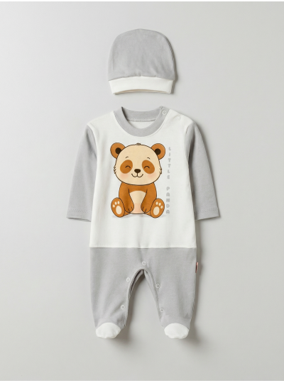 Pamuş 0-3-6 Ay Panda Penye Erkek Bebek  Tulum Gri