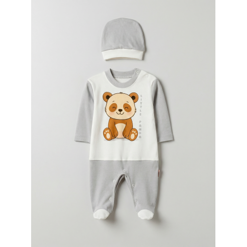 Pamuş 0-3-6 Ay Panda Penye Erkek Bebek  Tulum Gri