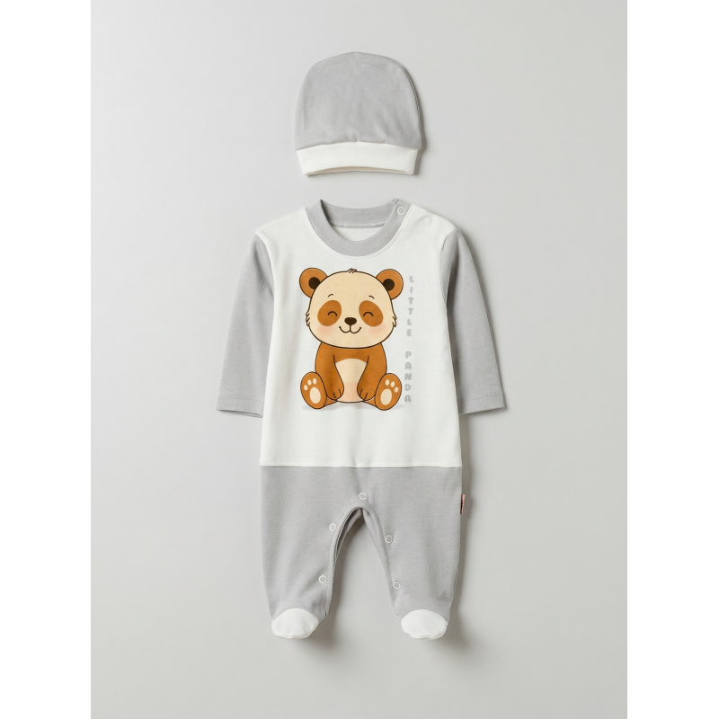 Pamuş 0-3-6 Ay Panda Penye Erkek Bebek  Tulum Gri