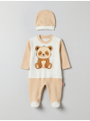 Pamuş 0-3-6 Ay Panda Penye Erkek Bebek Tulum Bej