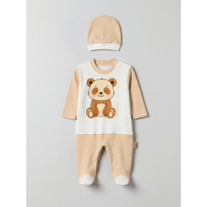 Pamuş 0-3-6 Ay Panda Penye Erkek Bebek Tulum Bej