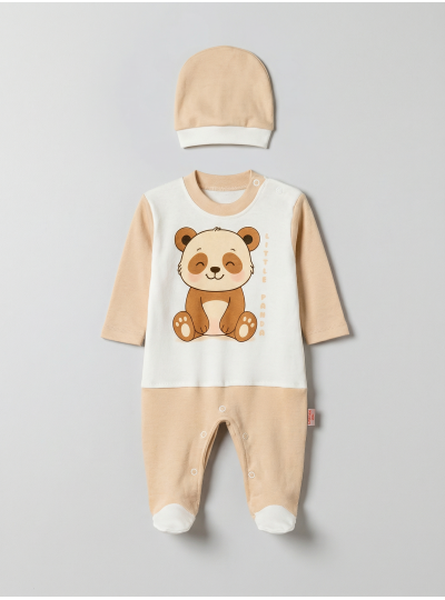 Pamuş 0-3-6 Ay Panda Penye Erkek Bebek Tulum Bej