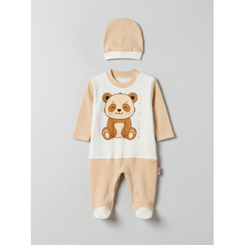Pamuş 0-3-6 Ay Panda Penye Erkek Bebek Tulum Bej