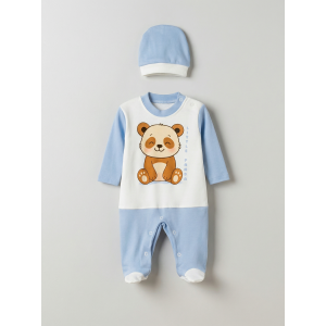 Pamuş 0-3-6 Ay Panda Penye Erkek Bebek Tulum Mavi