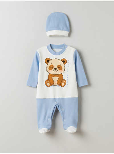 Pamuş 0-3-6 Ay Panda Penye Erkek Bebek Tulum Mavi