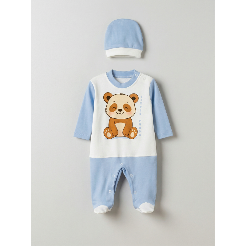 Pamuş 0-3-6 Ay Panda Penye Erkek Bebek Tulum Mavi