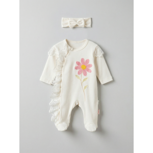 Pamuş 0-3-6 Ay Papatya Nakışlı Penye Kız Bebek Tulum Ekru