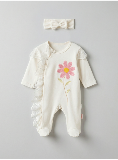 Pamuş 0-3-6 Ay Papatya Nakışlı Penye Kız Bebek Tulum Ekru