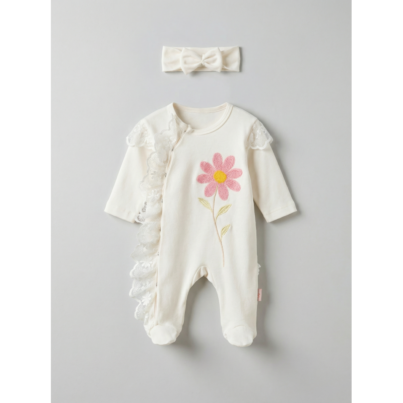 Pamuş 0-3-6 Ay Papatya Nakışlı Penye Kız Bebek Tulum Ekru