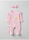 Pamuş 0-3-6 Ay Papatya Nakışlı Penye Kız Bebek Tulum Pembe