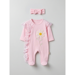 Pamuş 0-3-6 Ay Papatya Nakışlı Penye Kız Bebek Tulum Pembe