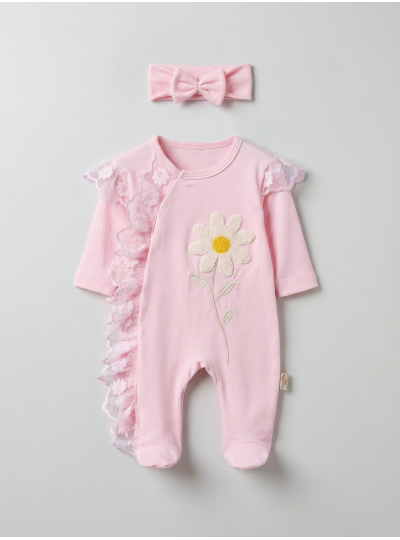 Pamuş 0-3-6 Ay Papatya Nakışlı Penye Kız Bebek Tulum Pembe