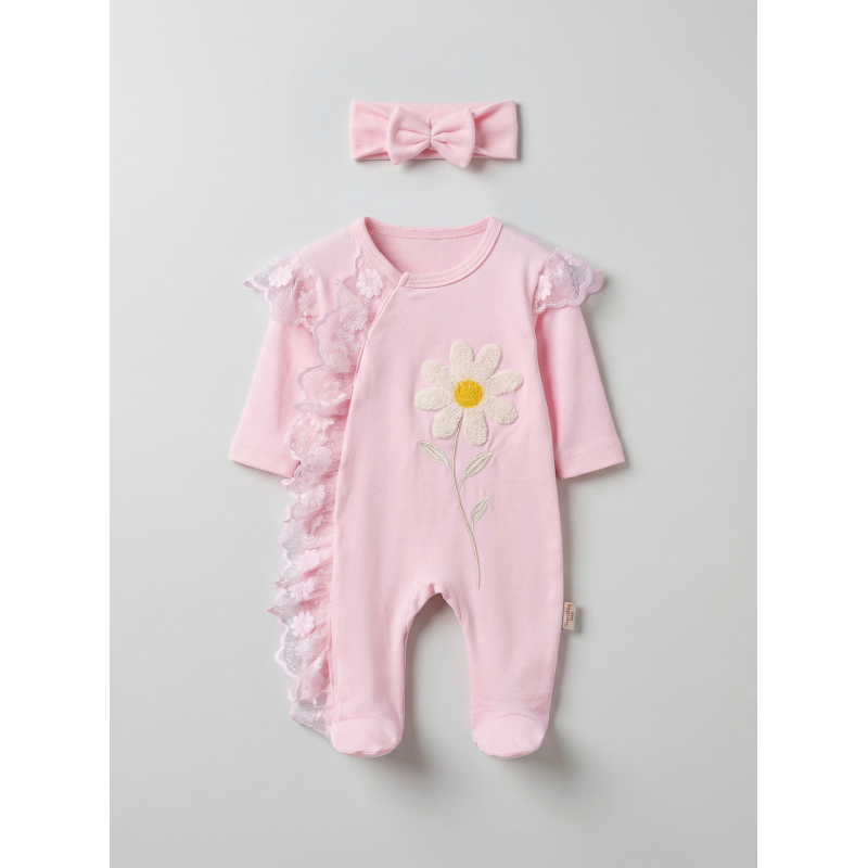 Pamuş 0-3-6 Ay Papatya Nakışlı Penye Kız Bebek Tulum Pembe