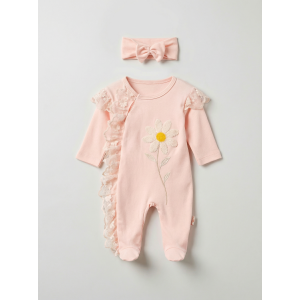 Pamuş 0-3-6 Ay Papatya Nakışlı Penye Kız Bebek Tulum Somon