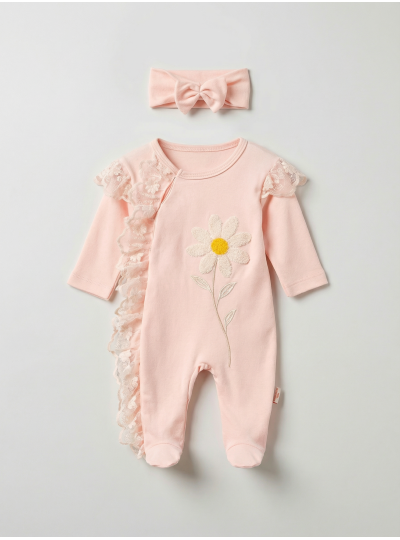 Pamuş 0-3-6 Ay Papatya Nakışlı Penye Kız Bebek Tulum Somon