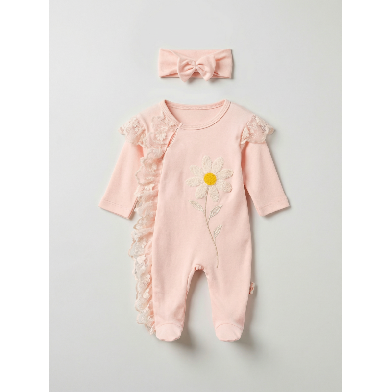Pamuş 0-3-6 Ay Papatya Nakışlı Penye Kız Bebek Tulum Somon