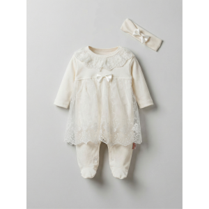 Pamuş 0-3-6 Ay Prenses Penye Kız Bebek Tulum Ekru