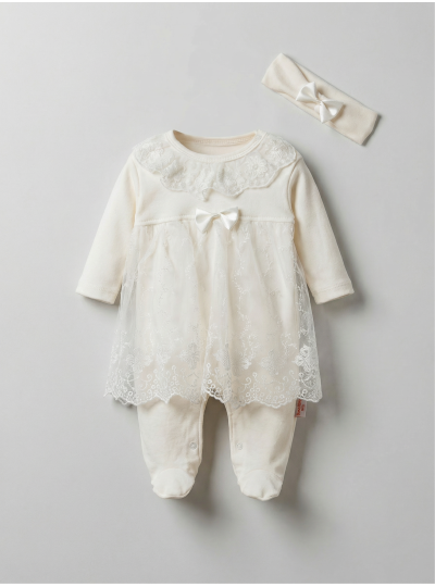 Pamuş 0-3-6 Ay Prenses Penye Kız Bebek Tulum Ekru