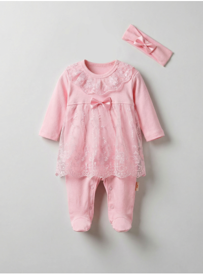 Pamuş 0-3-6 Ay Prenses Penye Kız Bebek Tulum Pembe