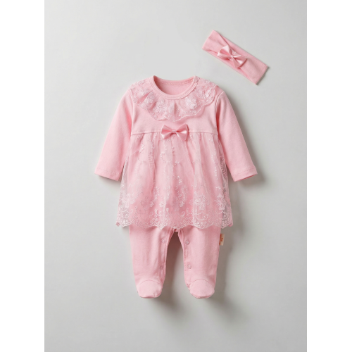 Pamuş 0-3-6 Ay Prenses Penye Kız Bebek Tulum Pembe