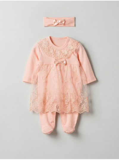 Pamuş 0-3-6 Ay Prenses Penye Kız Bebek Tulum Somon