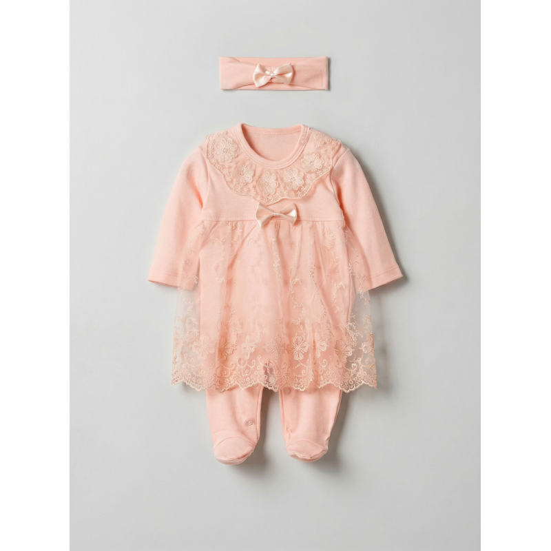 Pamuş 0-3-6 Ay Prenses Penye Kız Bebek Tulum Somon