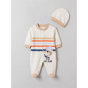 Pamuş 0-3-6 Ay Ressam Ayıcık Penye Erkek  Bebek Tulum Bej
