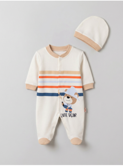 Pamuş 0-3-6 Ay Ressam Ayıcık Penye Erkek  Bebek Tulum Bej