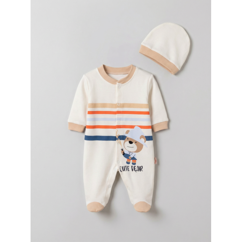 Pamuş 0-3-6 Ay Ressam Ayıcık Penye Erkek  Bebek Tulum Bej