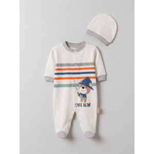 Pamuş 0-3-6 Ay Ressam Ayıcık Penye Erkek  Bebek Tulum Gri