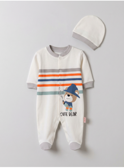 Pamuş 0-3-6 Ay Ressam Ayıcık Penye Erkek  Bebek Tulum Gri