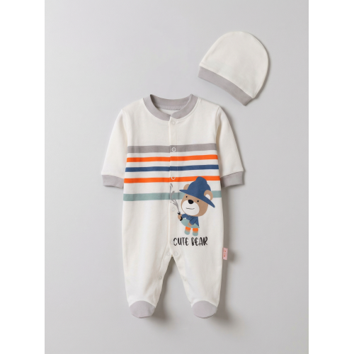 Pamuş 0-3-6 Ay Ressam Ayıcık Penye Erkek  Bebek Tulum Gri