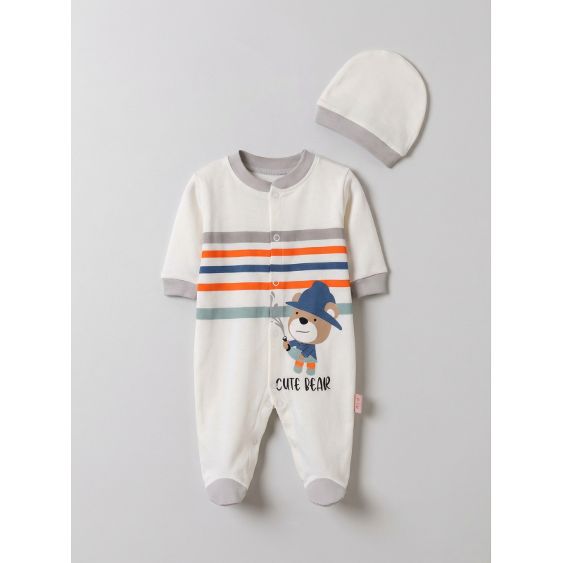 Pamuş 0-3-6 Ay Ressam Ayıcık Penye Erkek  Bebek Tulum Gri
