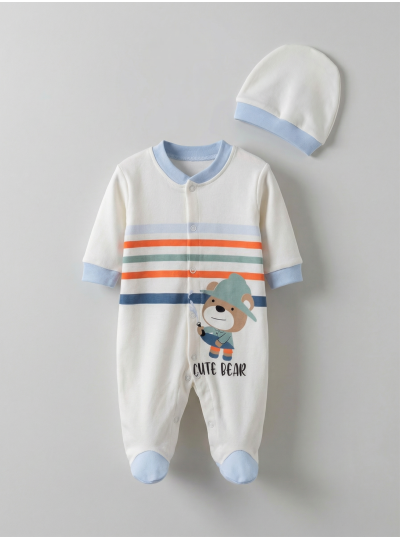 Pamuş 0-3-6 Ay Ressam Ayıcık Penye Erkek  Bebek Tulum Mavi