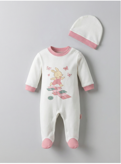 Pamuş 0-3-6 Ay Tavşan Penye Kız Bebek Tulum Mürdüm
