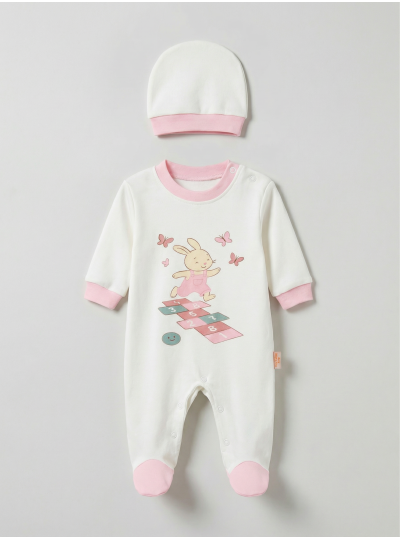 Pamuş 0-3-6 Ay Tavşan Penye Kız Bebek Tulum Pembe